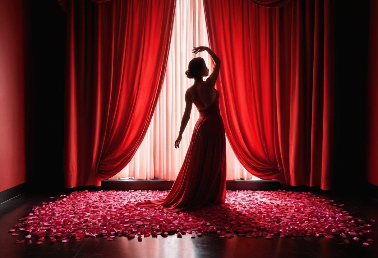 A sultry dimly-lit stage set for an erotic solo performance, featuring a velvet curtain and a single spotlight illuminating a silhouette of a dancer in a graceful pose. Hints of rose petals scattered on the floor and soft ambient lighting create an intimate atmosphere. The focus should be on the emotional connection between the performer and the audience, evoking curiosity and allure. super-realistic. vibrant colors. dramatic shadows.